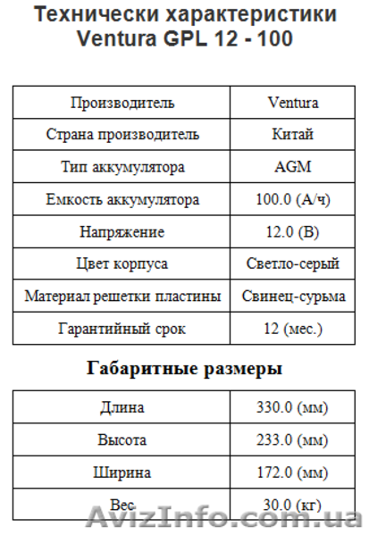 Свинцово-кислотная аккумуляторная батарея Ventura GPL 12-100 - <ro>Изображение</ro><ru>Изображение</ru> #2, <ru>Объявление</ru> #1260914